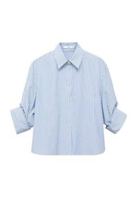 Hellblau-weiße gestreifte kurzärmelige Hemdbluse, Taschen auf der linken Seite, aus Baumwollmaterial, lässige Passform.
