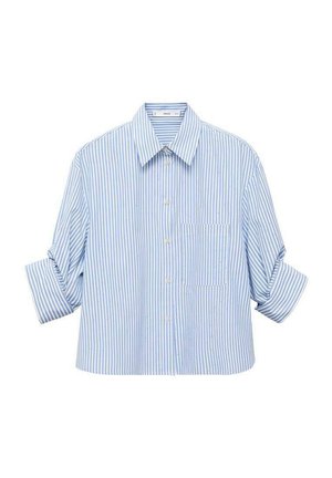 Hellblau-weiße gestreifte kurzärmelige Hemdbluse, Taschen auf der linken Seite, aus Baumwollmaterial, lässige Passform.