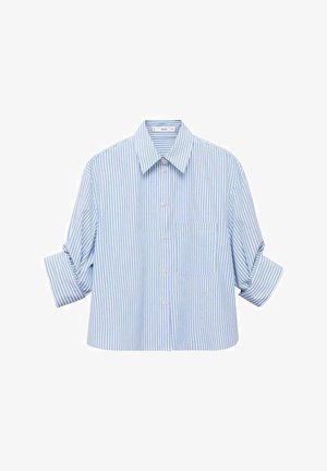 Lichtblauw en wit gestreepte overhemd met knopen, korte mouwen, zak aan de linkerzijde, van katoen, ontspannen pasvorm.