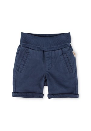 Navy blue baby shorts with ribbed elastic waistband, two front slant pockets, and rolled-up hems on white background.