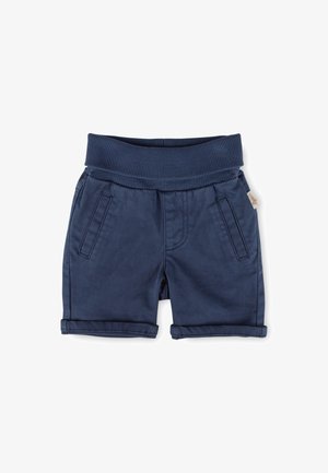 Navy blue baby shorts with ribbed elastic waistband, two front slant pockets, and rolled-up hems on white background.