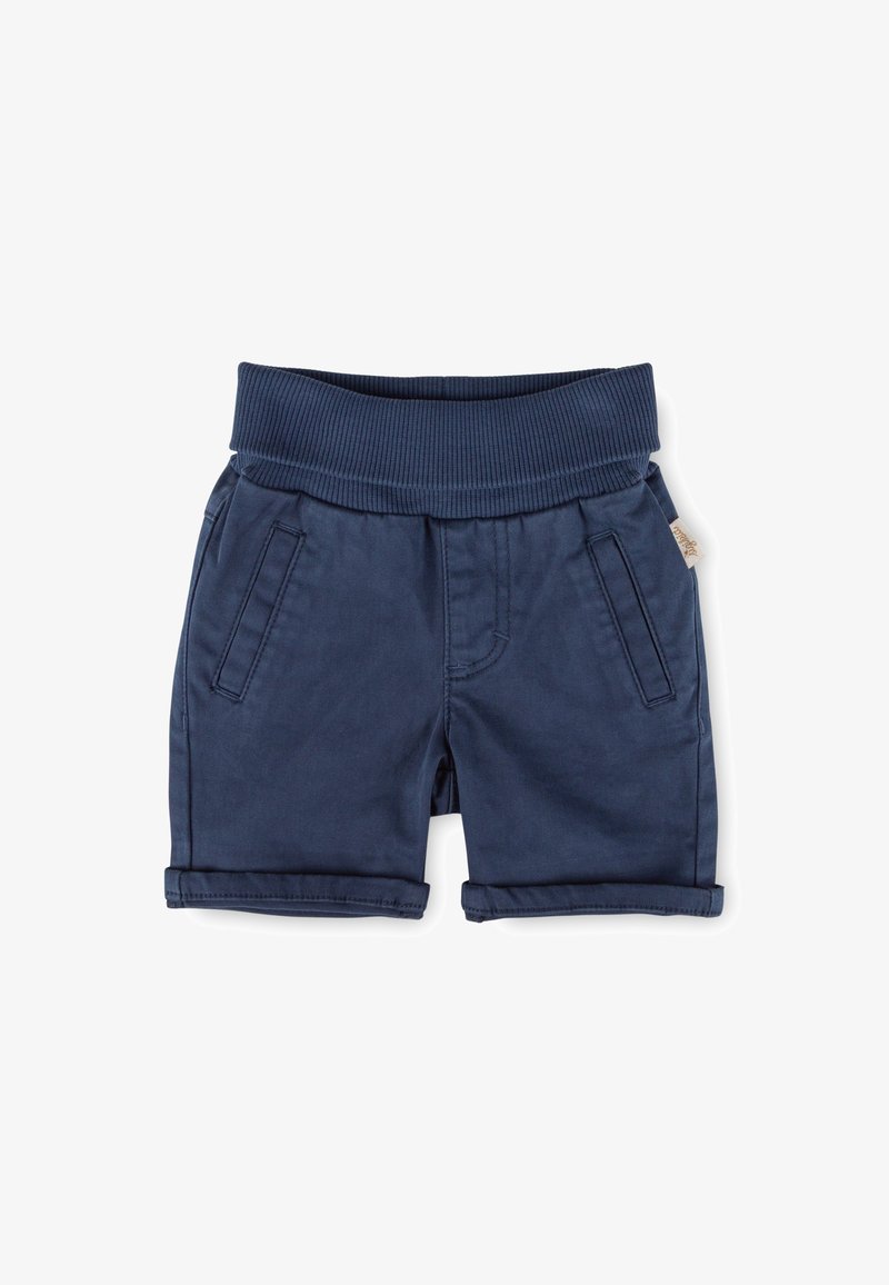 Shorts pour bébé bleu marine avec taille élastique côtelée, deux poches inclinées à l'avant et ourlets retroussés sur fond blanc.