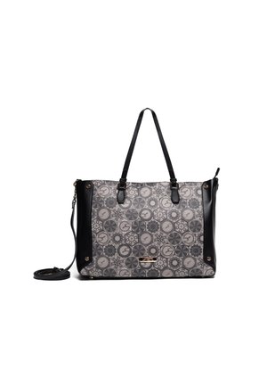 Borsa tote nera e grigia con motivi geometrici e floreali, doppie maniglie, pannelli laterali e tracolla staccabile.