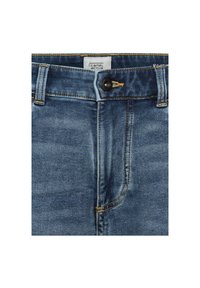 Blauwe denim jeans met een sluiting aan de voorkant met knopen, gele stikselaccenten en een klassiek vijf-pocketontwerp. Label zichtbaar bij de tailleband.