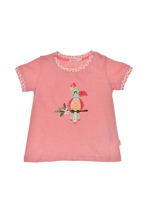 Pink and white striped toddler shirt with short sleeves and a colorful embroidered bird perched on a branch in the center front.
