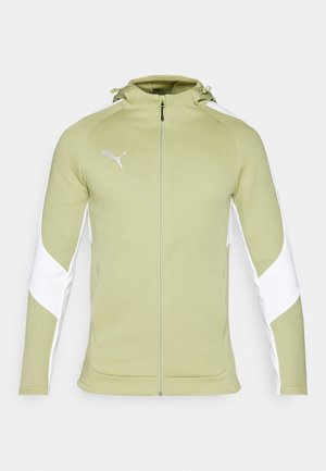 Veste de sport vert clair avec zip à l'avant, panneaux latéraux blancs et capuche. Arpente le logo Puma en blanc en haut à gauche. Texture de tissu douce.