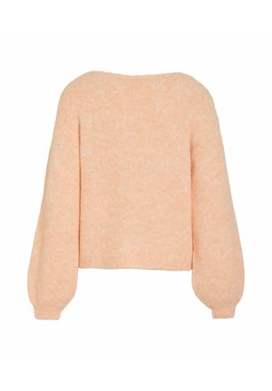 Pull en tricot couleur pêche douce avec manches bouffantes et poignets côtelés, vu de dos sur un fond blanc.