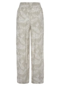 Jasnoszare spodnie o szerokich nogawkach z białym wzorem liści i elastyczną talią. Materiał jest gładki z delikatnym połyskiem.