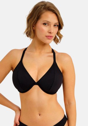 Zwart gewatteerd driehoek-bikinitopje met verstelbare bandjes en naadloos ontwerp. Zachte stof met een gladde textuur. Klassieke effen kleur.