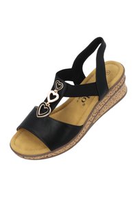 Zwarte wedge-sandalen met een glanzende leren bovenkant, elastische enkelband en een decoratief hart van roségoud aan de voorkant. Gestructureerde zool.