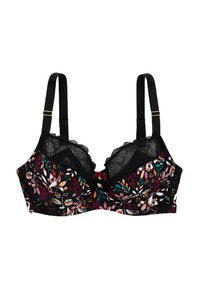 Soutien-gorge noir à imprimé floral avec bord en dentelle, présentant des bretelles ajustables et un nœud décoratif au centre. Tissu doux avec des couleurs vives.