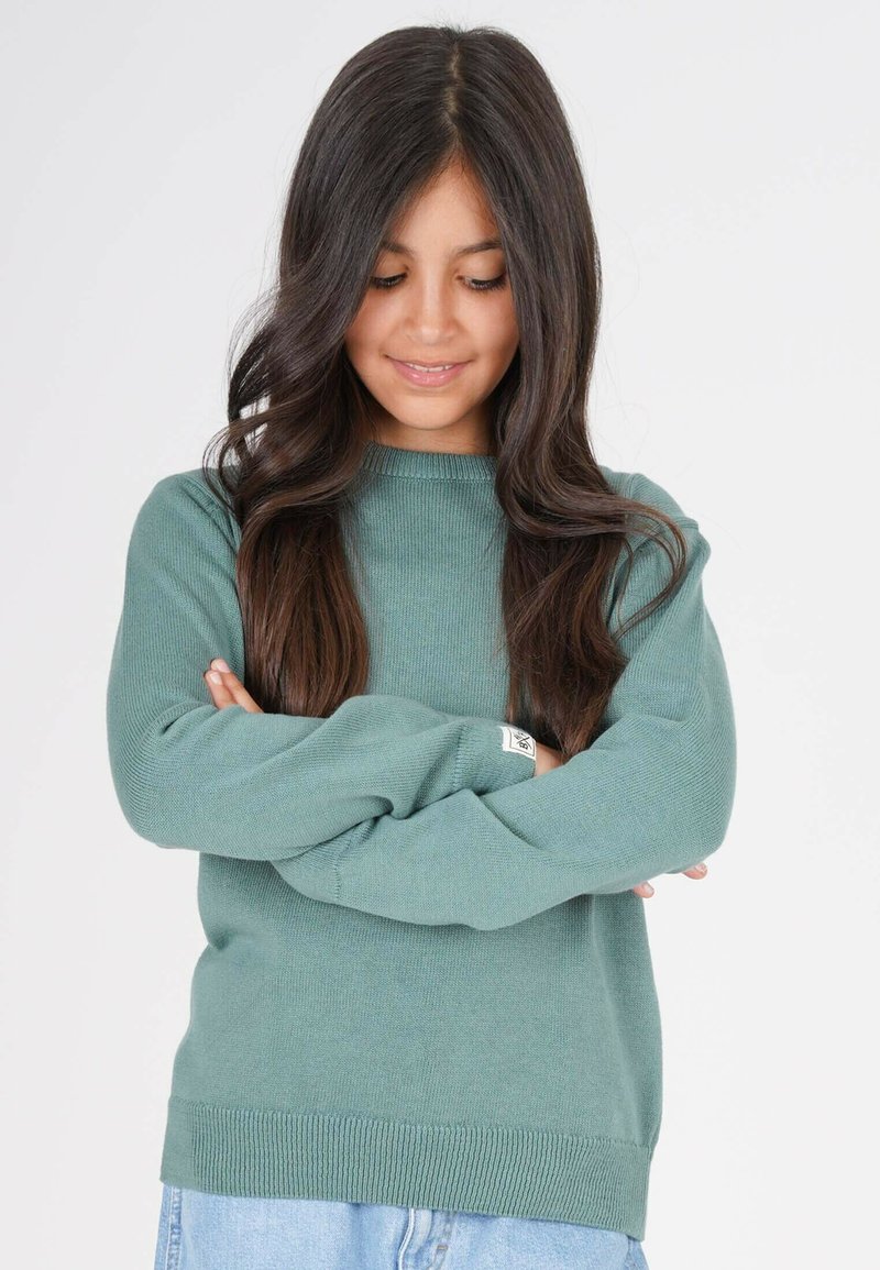 Grüner Strickpullover mit Rundhalsausschnitt sowie gerippten Bündchen und Saum. Das Material ist weich und strukturiert, gezeigt an einem Model mit verschränkten Armen.