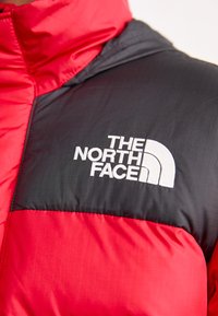 Raudonas ir juodas pūkų švarkas su siūtu tekstūru, aukštu apykakle ir išsiuvinėtu baltu logotipu "The North Face" ant krūtinės.
