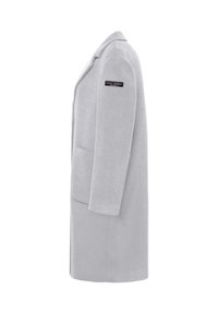 Grijze lange blazer van zachte stof, met een enkele knoopsluiting, zijzakken en een label op de linkermouw.