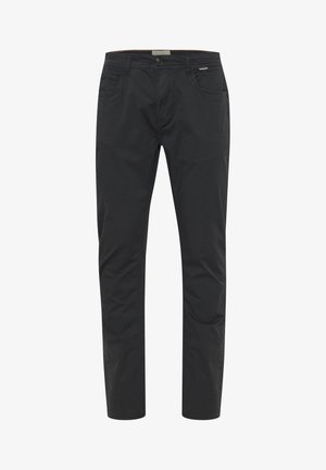 Sorte bomullsbukser med slim fit, har to frontlommer og knappelukking. Glatt tekstur, minimalistisk design, ingen mønstre.