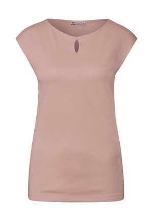 Rosa kurzärmliges Oberteil aus weichem Material, mit einem Schlitz-Ausschnitt und entspannter Passform. Glatte Textur ohne sichtbare Muster.