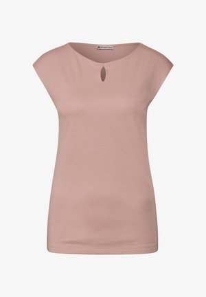 Rosa kurzärmliges Oberteil aus weichem Material, mit einem Schlitz-Ausschnitt und entspannter Passform. Glatte Textur ohne sichtbare Muster.