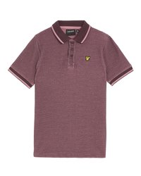 Polo bordeaux avec un motif texturé, manches courtes, bord rose sur le col et les poignets, et un petit logo jaune sur la poitrine.