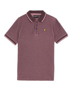 Bordeaux polo shirt met een gestructureerd patroon, korte mouwen, roze accent op de kraag en mouw uiteinden, en een klein geel logo op de borst.