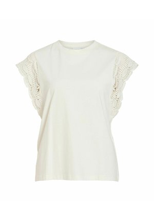 Blouse blanche à manches courtes avec encolure ronde et détails en dentelle délicats sur les manches papillon.