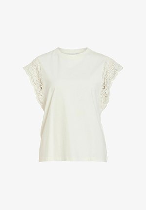 Blouse blanche à manches courtes avec encolure ronde et détails en dentelle délicats sur les manches papillon.