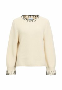 Pull en maille crème avec des détails de points noirs sur le col rond et les poignets, manches longues, et une texture côtelée.