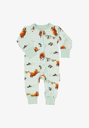 Langärmliger, mit Reißverschluss versehenen Overall in hellmintgrün, mit verspielten Kuh-Illustrationen auf gestreiftem Hintergrund und elastischen Bündchen.