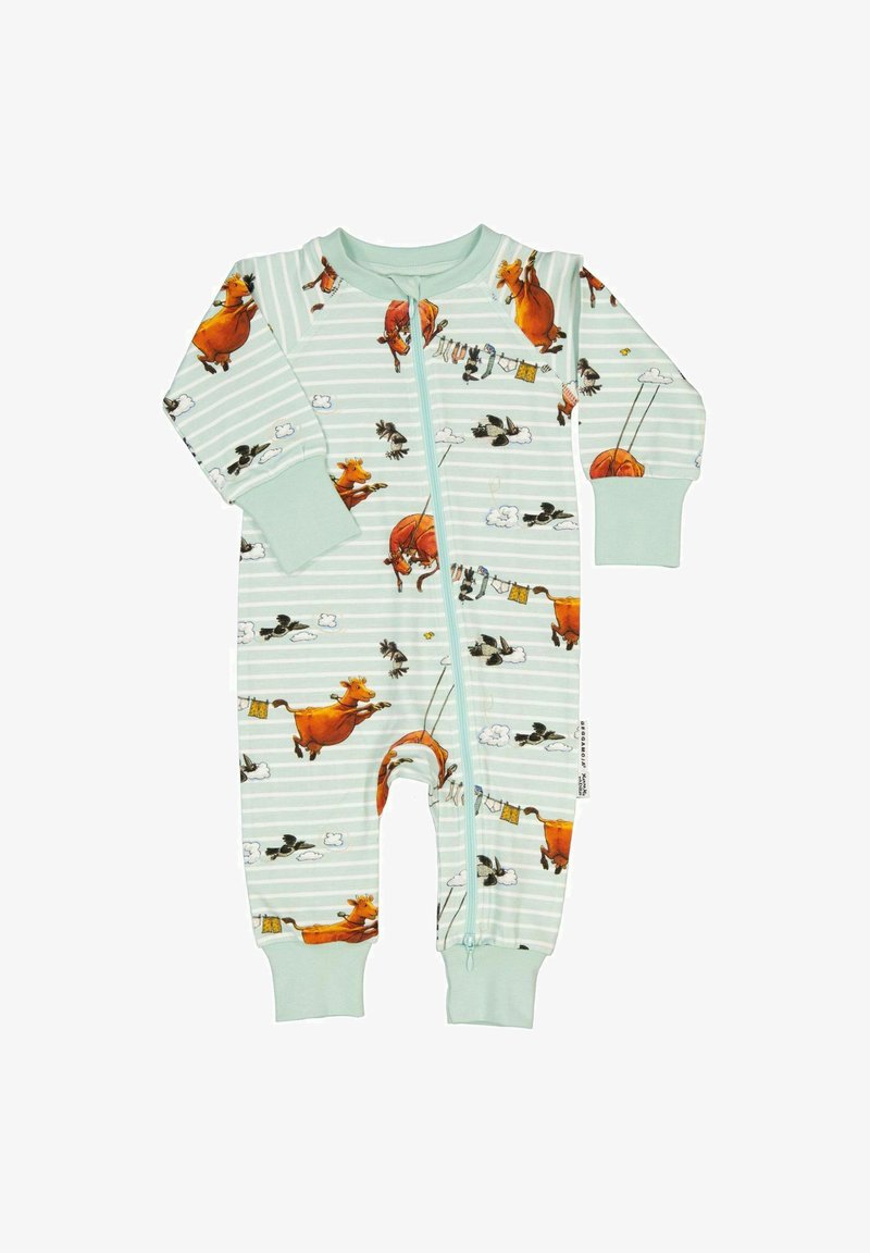 Pitkähihaiset vetoketjulliset haalarit vaalean mintunvihreänä, joissa on leikkisiä lehmäkuvioita raidoitetulla taustalla ja joustavat hihansuut.