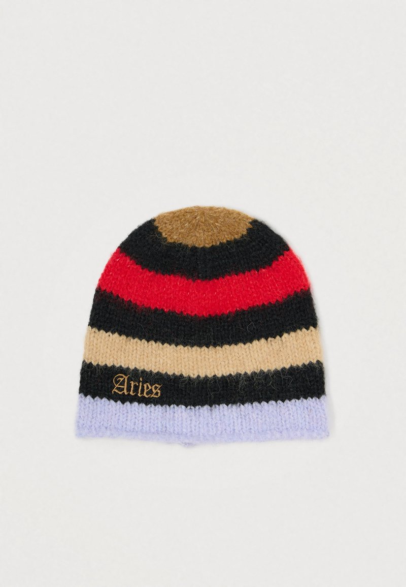 Πλεκτό σκουφί με εναλλασσόμενες ρίγες σε κόκκινο, μαύρο, μπεζ και λιλά, με καφέ κορυφή και το "Aries" κεντημένο σε χρυσό.