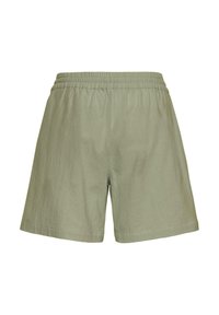 Shorts taille élastique vert olive, coupe ample et longueur mi-cuisse, confectionnés en tissu léger.