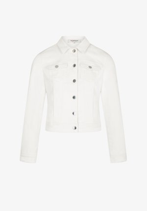 Witte denim jas met kraag, zilveren knoopsluiting, twee borstzakken en lange mouwen. Glad textuur en cropped ontwerp.