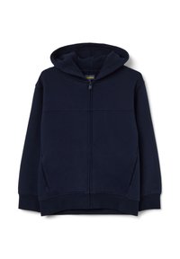 Sudadera con cremallera completa en azul marino, con bolsillos frontales, puños y dobladillo acanalados, y un forro de capucha texturizado por dentro.