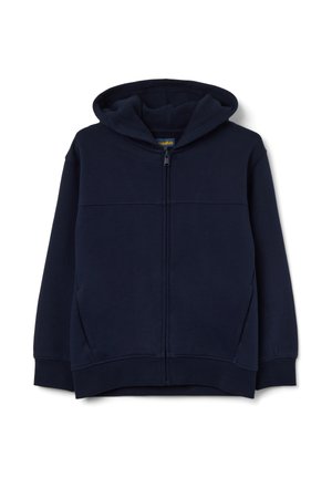 Sudadera con cremallera completa en azul marino, con bolsillos frontales, puños y dobladillo acanalados, y un forro de capucha texturizado por dentro.