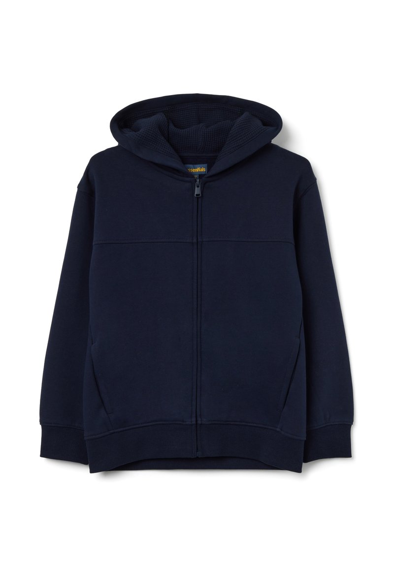 Sudadera con cremallera completa en azul marino, con bolsillos frontales, puños y dobladillo acanalados, y un forro de capucha texturizado por dentro.