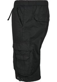 Black cargo shorts made of lightweight fabric, featuring an elastic waistband, multiple side pockets, and a drawstring closure.