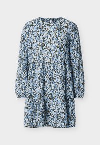 Robe à manches longues avec un petit motif floral bleu, blanc et vert et un col rond.