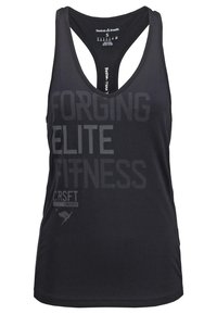 Débardeur noir Reebok CrossFit racerback avec le texte "Forging Elite Fitness" et petit logo CrossFit à l'avant.