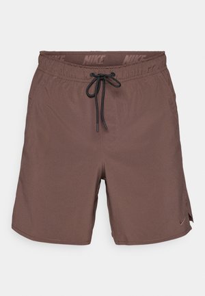 Brown Nike swim shorts with an elastic waistband, adjustable drawstring, and a subtle logo detail at the hem. Smooth fabric texture, lightweight design.