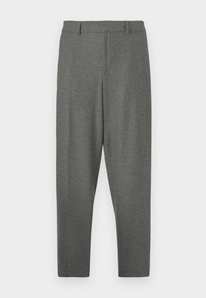 Gray tailored trousers made from a soft fabric. Features a waistband, belt loops, and a tapered leg design. Smooth texture, no patterns.