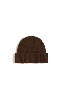 Brauner Strickmütze mit strukturiertem Rippmuster und umgeschlagenem Saum. Schlichtes Design mit abgerundetem oberen Teil, geeignet für kaltes Wetter.