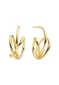 Guldtonade metallringörhängen med en abstrakt, vriden design. Ytan är slät och polerad, vilket ger en reflekterande finish.