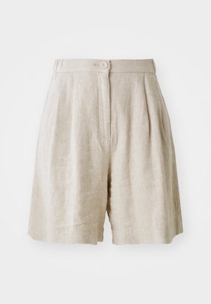 Beige linshorts med knappelukking, plissert foran og sidelommer. Stoffet har en teksturert finish som gir en avslappet passform.