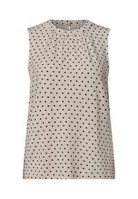 Blouse beige sans manches à pois noirs, col rond avec légères fronces et petite fermeture par bouton au dos.