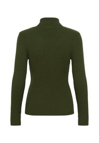 Ribota zaļa kreklu ar augstu apkakli un garām piedurknēm, ar pieguļošu siluetu un teksturētu adījuma rakstu.