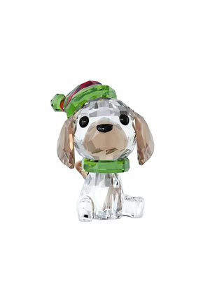 Crystal dog figurine with brown and white facets, wearing a green and red holiday hat, sitting with a clear base and friendly expression.