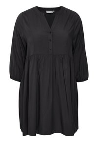 Schwarzes Tunika-Kleid mit V-Ausschnitt, langen Ärmeln, Knopfverschluss und gerafftem Taillenteil. Aus weichem Stoff mit glatter Textur gefertigt.
