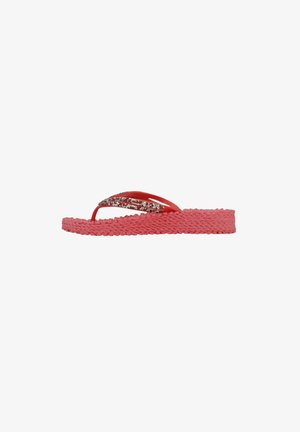 Pink flip-flop made of rubber, featuring a braided sole and a thin strap adorned with glitter accents. Simple design with flat profile.