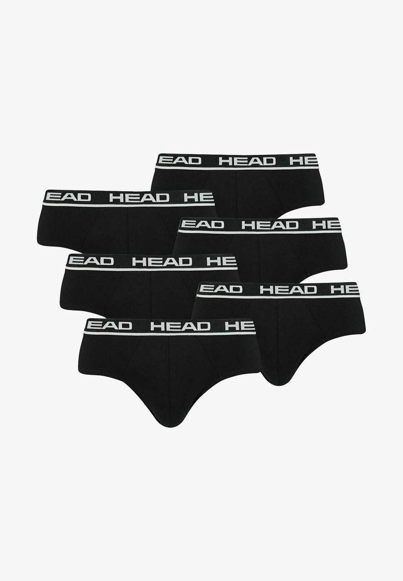 Zes zwarte herenboxers met grijze elastische bandjes waarop de merknaam "HEAD" staat in witte letters.