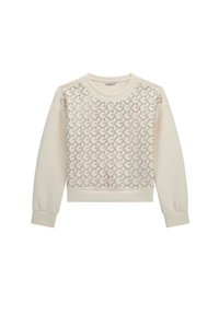 Felpa beige chiaro con una sovrapposizione testurizzata e stampata caratterizzata da disegni geometrici. Polsini e orlo a coste con un classico collo a girocollo.