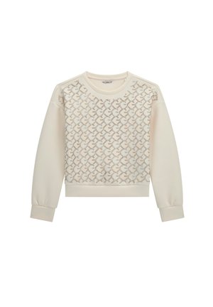 Felpa beige chiaro con una sovrapposizione testurizzata e stampata caratterizzata da disegni geometrici. Polsini e orlo a coste con un classico collo a girocollo.